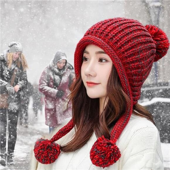 Women Winter Peruvian Cover Ears Beanie Hat Red - Picture 5 of 7